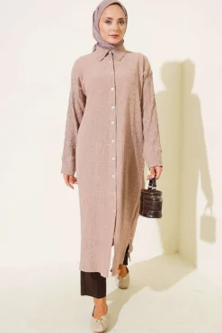 Long Shirt with Split Detail Beige