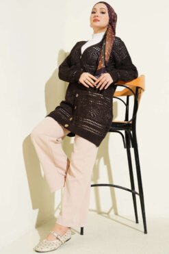 Alternative view of Wooden Buttoned Openwork Knit Cardigan Dark Brown