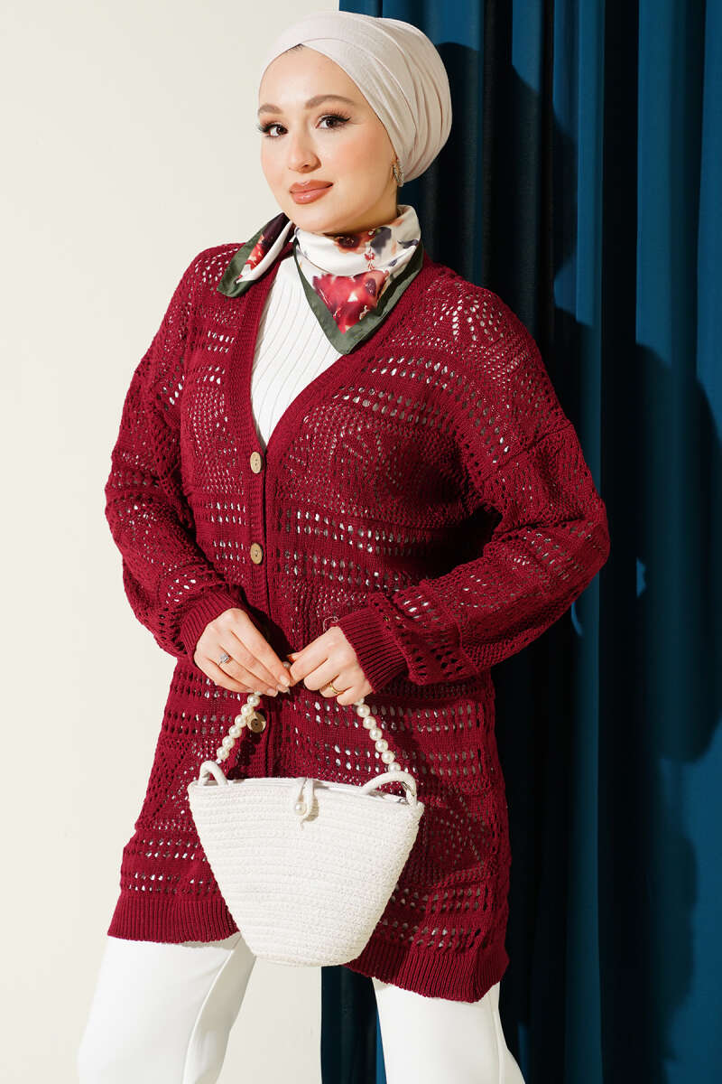 Wooden Buttoned Openwork Knit Cardigan Burgundy