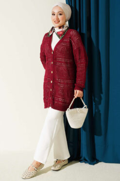 Alternative view of Wooden Buttoned Openwork Knit Cardigan Burgundy
