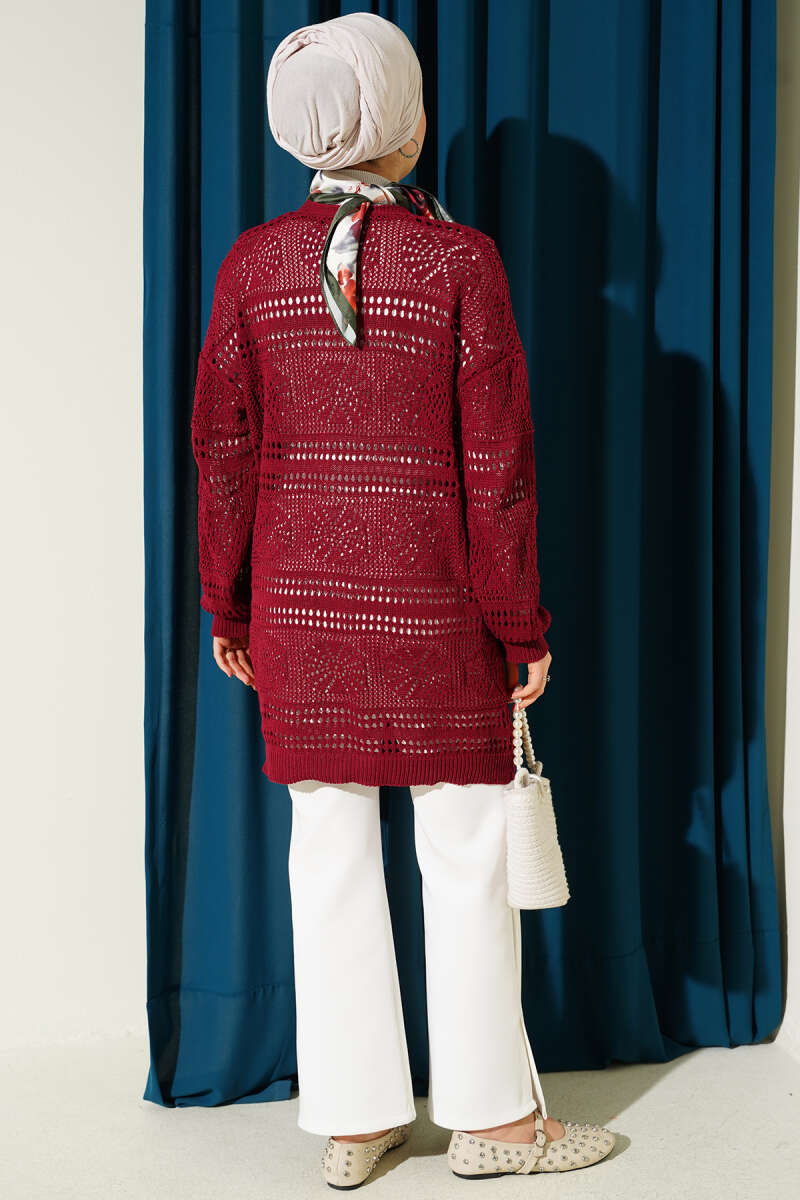 Wooden Buttoned Openwork Knit Cardigan Burgundy - immagine 3