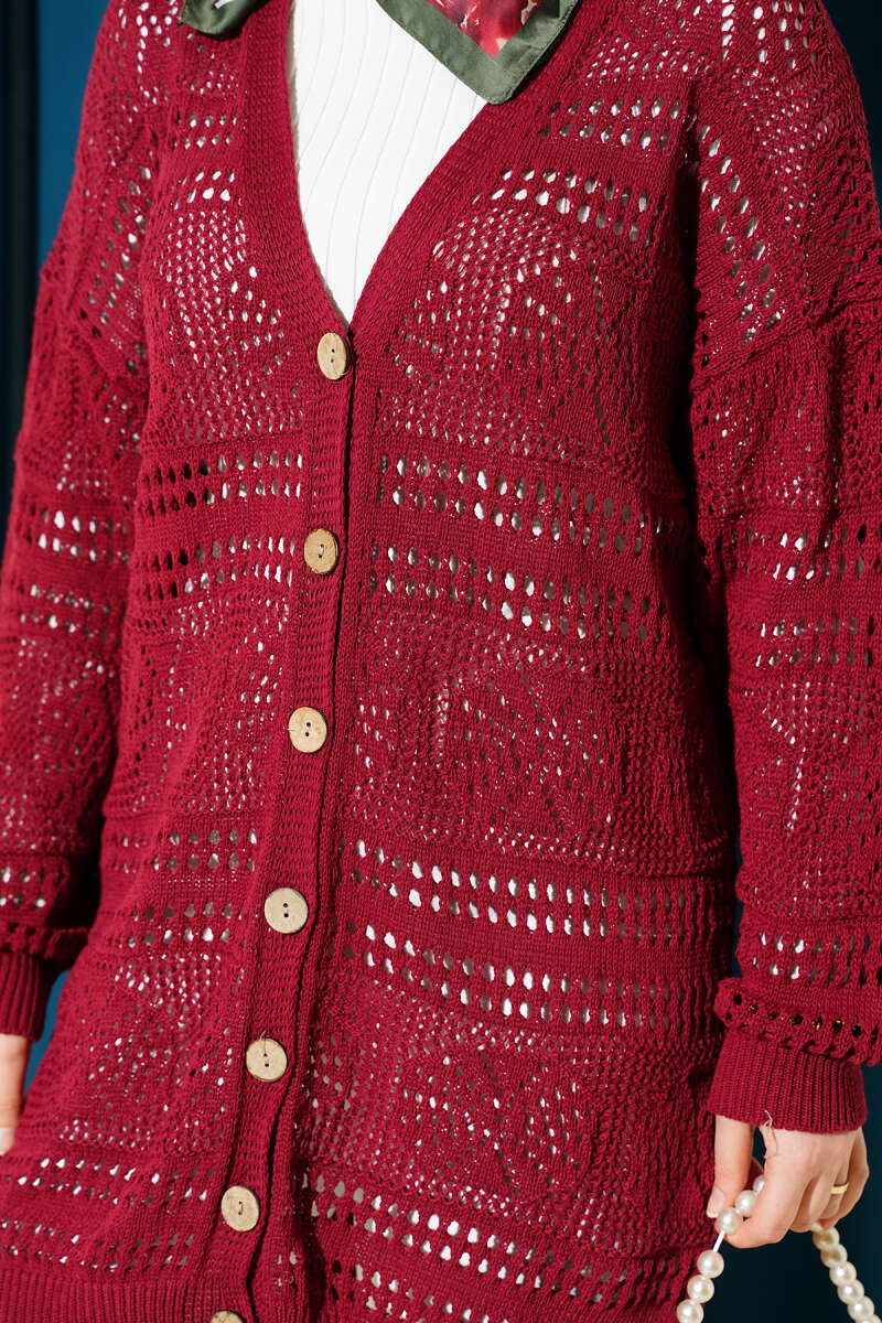 Wooden Buttoned Openwork Knit Cardigan Burgundy - immagine 4