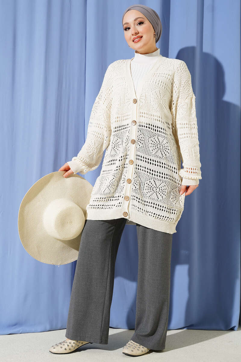 Wooden Buttoned Openwork Knit Cardigan Ecru - الصورة 2
