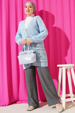 Alternative view of Wooden Buttoned Openwork Knit Cardigan Blue