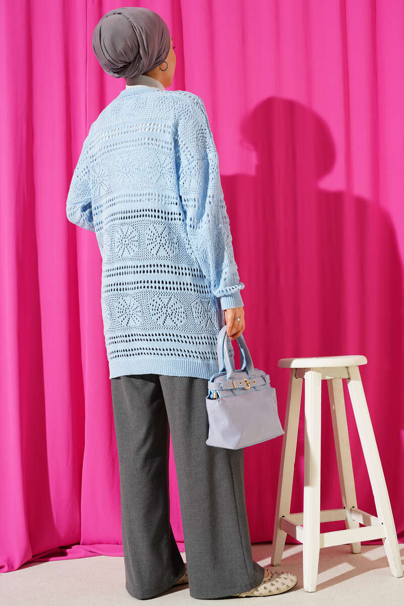 Wooden Buttoned Openwork Knit Cardigan Blue - Image 3