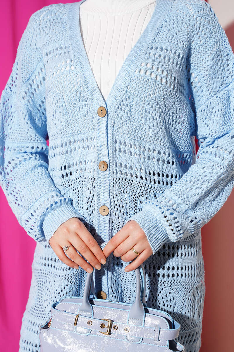 Wooden Buttoned Openwork Knit Cardigan Blue - Image 4
