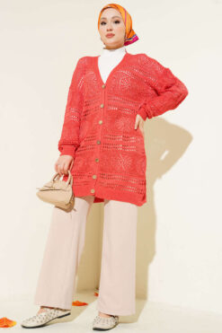 Alternative view of Wooden Buttoned Openwork Knit Cardigan Coral