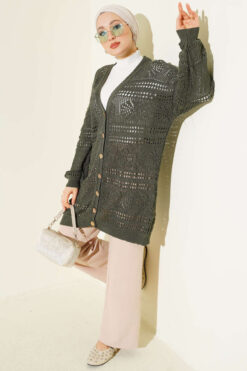 Alternative view of Wooden Buttoned Openwork Knit Cardigan Oil Green