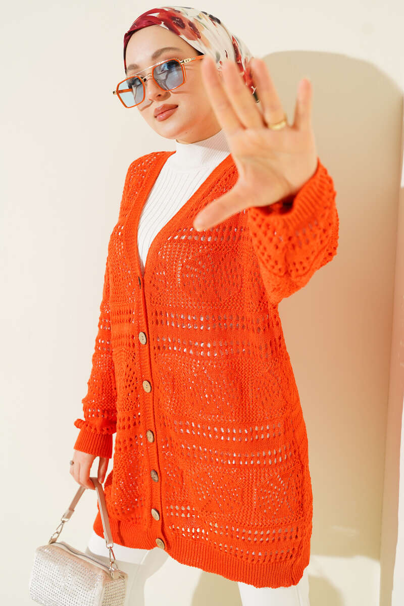 Wooden Buttoned Openwork Knit Cardigan Orange