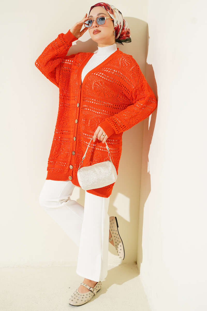 Wooden Buttoned Openwork Knit Cardigan Orange - Image 2