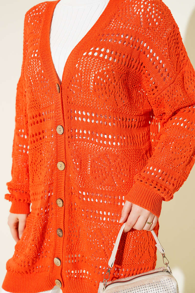 Wooden Buttoned Openwork Knit Cardigan Orange - Image 4