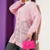 Wooden Buttoned Openwork Knit Cardigan Pink