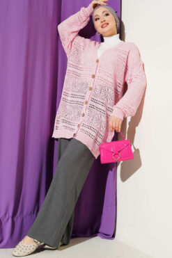 Alternative view of Wooden Buttoned Openwork Knit Cardigan Pink