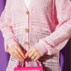 Wooden Buttoned Openwork Knit Cardigan Pink – Bild 4