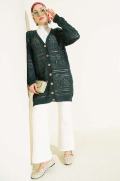 Alternative view of Wooden Buttoned Openwork Knit Cardigan Emerald