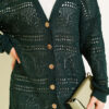Wooden Buttoned Openwork Knit Cardigan Emerald – Bild 4