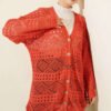 Wooden Button Openwork Knit Cardigan Coral