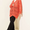 Wooden Button Openwork Knit Cardigan Coral - immagine 2