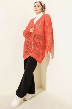 Alternative view of Wooden Button Openwork Knit Cardigan Coral
