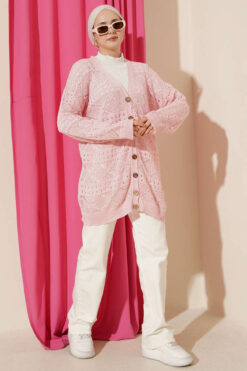 Alternative view of Wooden Button Openwork Knit Cardigan Pink