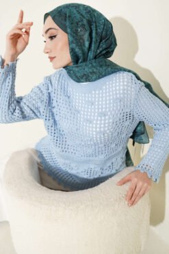 Textured Sweater with Openwork Pattern Blue