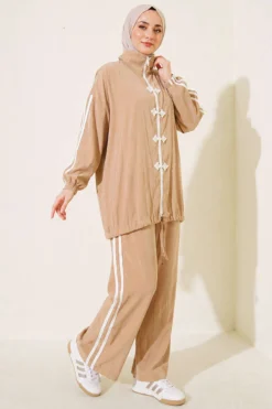Appliqué Embellished Zippered Two-Piece Set Beige