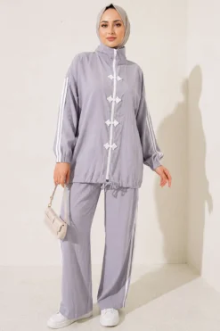 Appliqué Embellished Zippered Two-Piece Set Grey