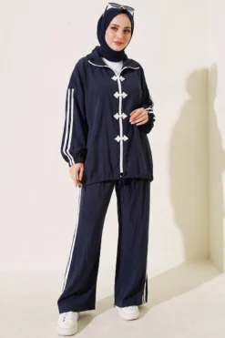 Appliqué Embellished Zippered Two-Piece Set Navy Blue