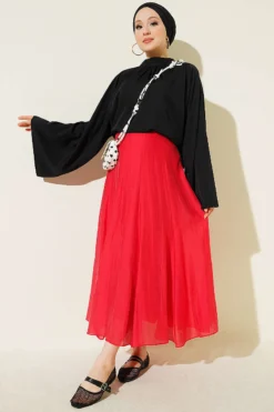 Alternatieve weergave van Back Waistband Elastic Flared Skirt Red