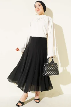 Alternatieve weergave van Back Waistband Elastic Flared Skirt Black