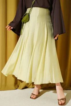 Back Waist Elastic Flared Skirt with Hem Edge Greenery