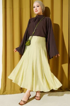 Alternatieve weergave van Back Waist Elastic Flared Skirt with Hem Edge Greenery