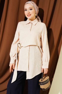 Asymmetrical Shirt with Gold Buckle Detail Beige