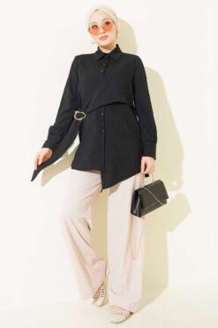 Alternative view of Asymmetrical Shirt with Gold Buckle Detail Black