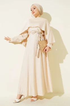 Asymmetrical Shoulder Panel Dress Beige