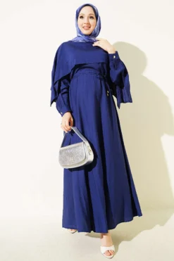 Asymmetrical Shoulder Panel Dress Navy Blue