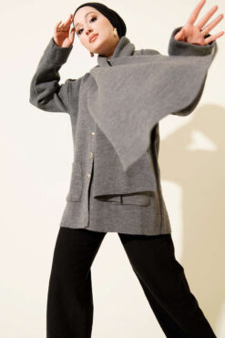 Button-Up Pocketed Knitted Cardigan with Scarf Smoke