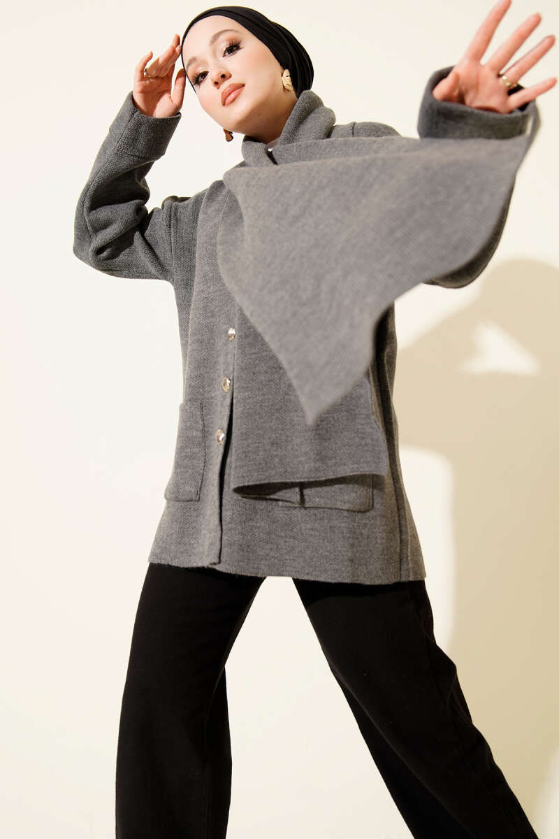 Button-Up Pocketed Knitted Cardigan with Scarf Smoke