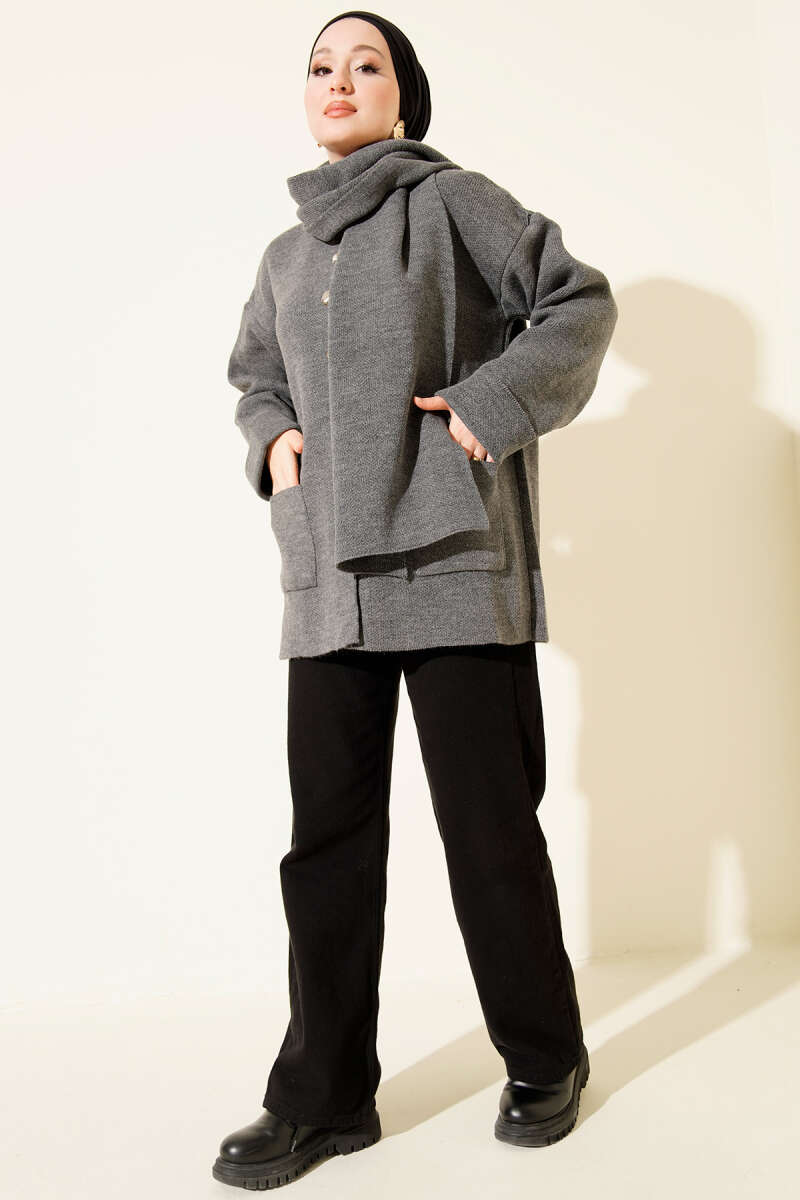 Button-Up Pocketed Knitted Cardigan with Scarf Smoke - Imagen 2