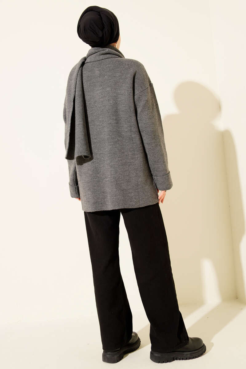 Button-Up Pocketed Knitted Cardigan with Scarf Smoke - Imagen 3
