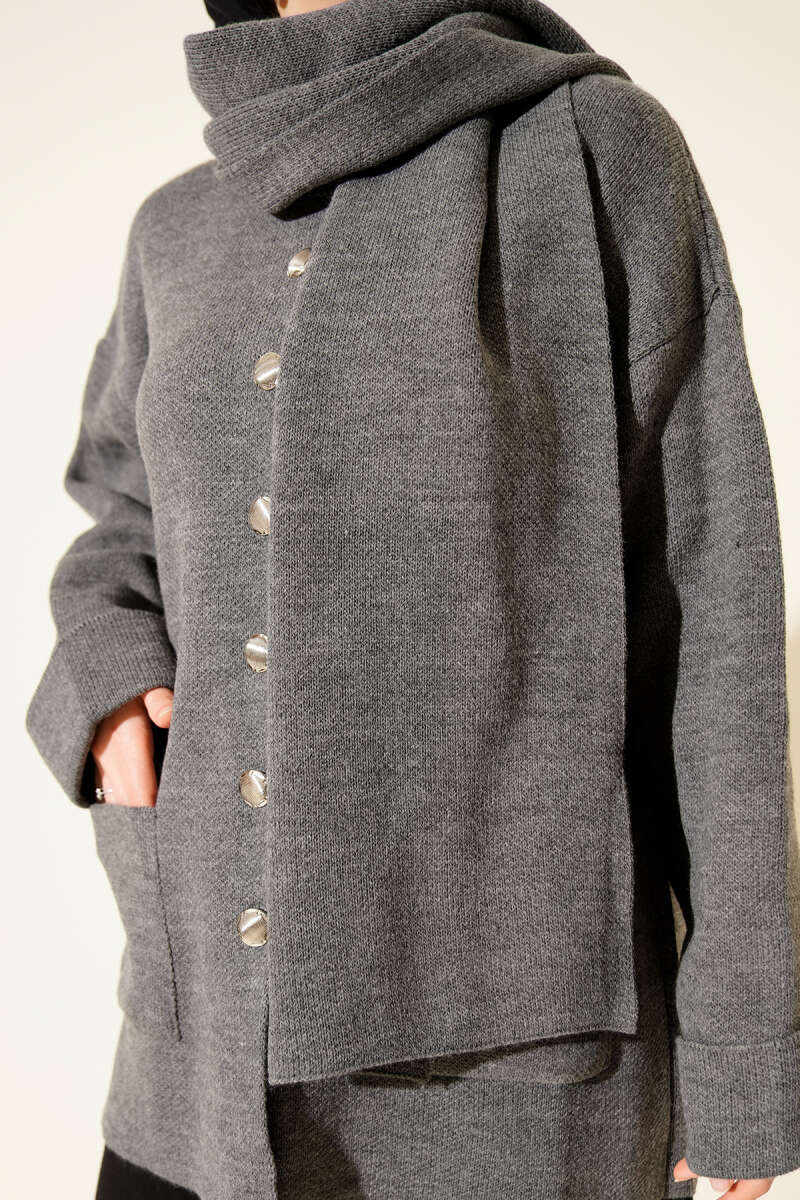 Button-Up Pocketed Knitted Cardigan with Scarf Smoke - Imagen 4