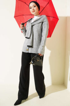Alternative view of Knit Cardigan with Scarf and Braided Details Grey