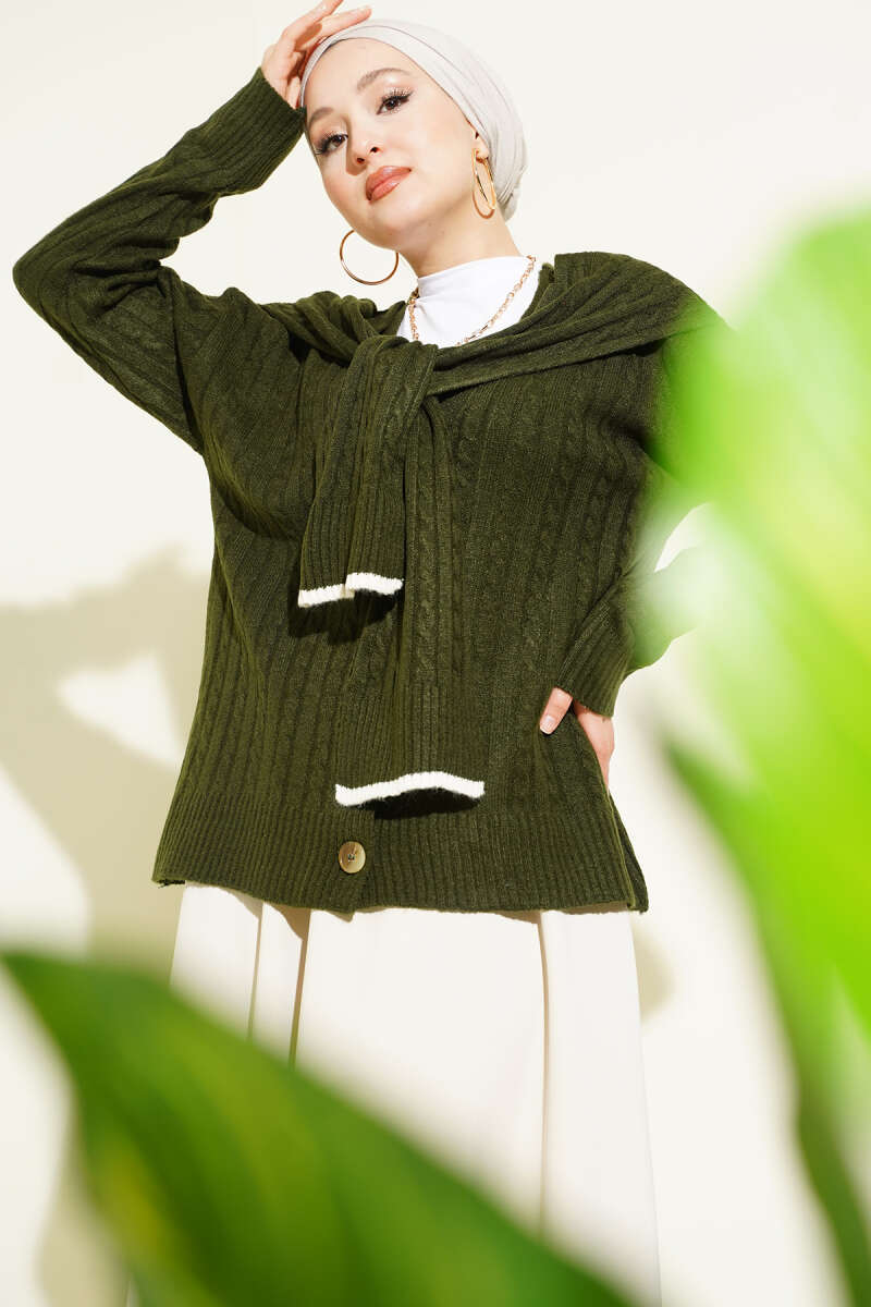 Knit Cardigan with Scarf and Braided Details Khaki