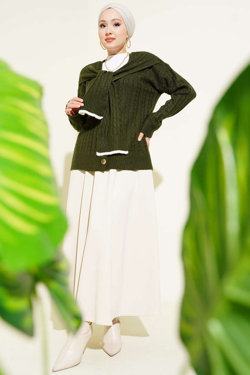 Knit Cardigan with Scarf and Braided Details Khaki - Image 2