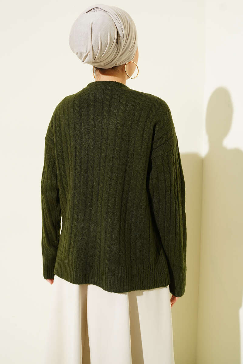 Knit Cardigan with Scarf and Braided Details Khaki - Image 3