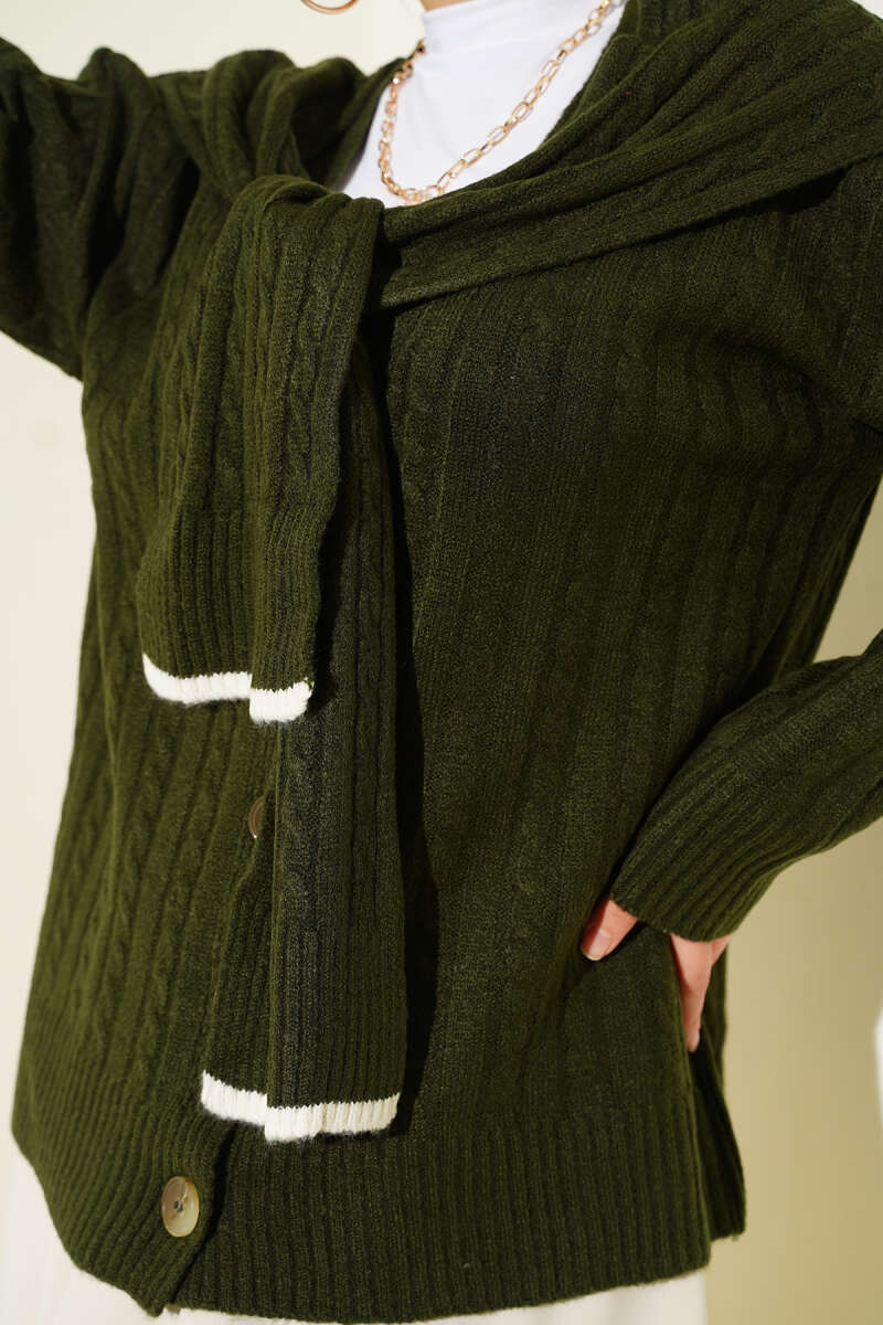 Knit Cardigan with Scarf and Braided Details Khaki - Image 4