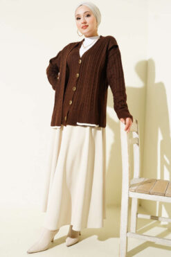Alternative view of Knit Cardigan with Scarf and Braided Details Brown