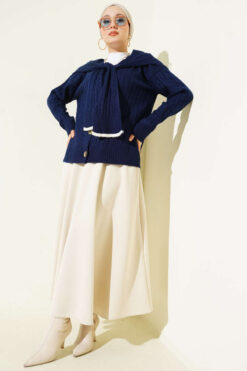 Alternative view of Knit Cardigan with Scarf and Braided Details Navy Blue