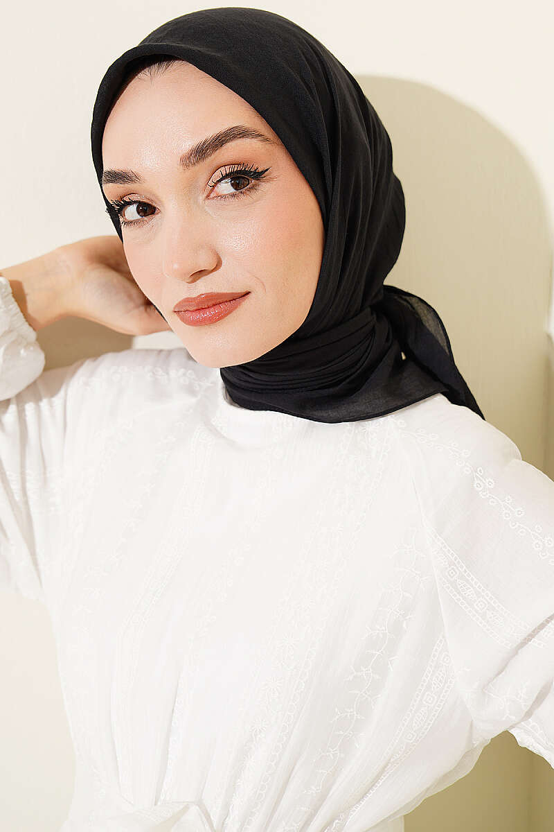 Aya Series Thin Cotton Scarf Black - الصورة 2