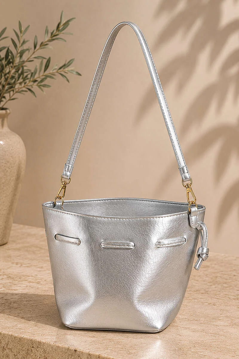 Gathered Long Handle Women's Handbag Silver
